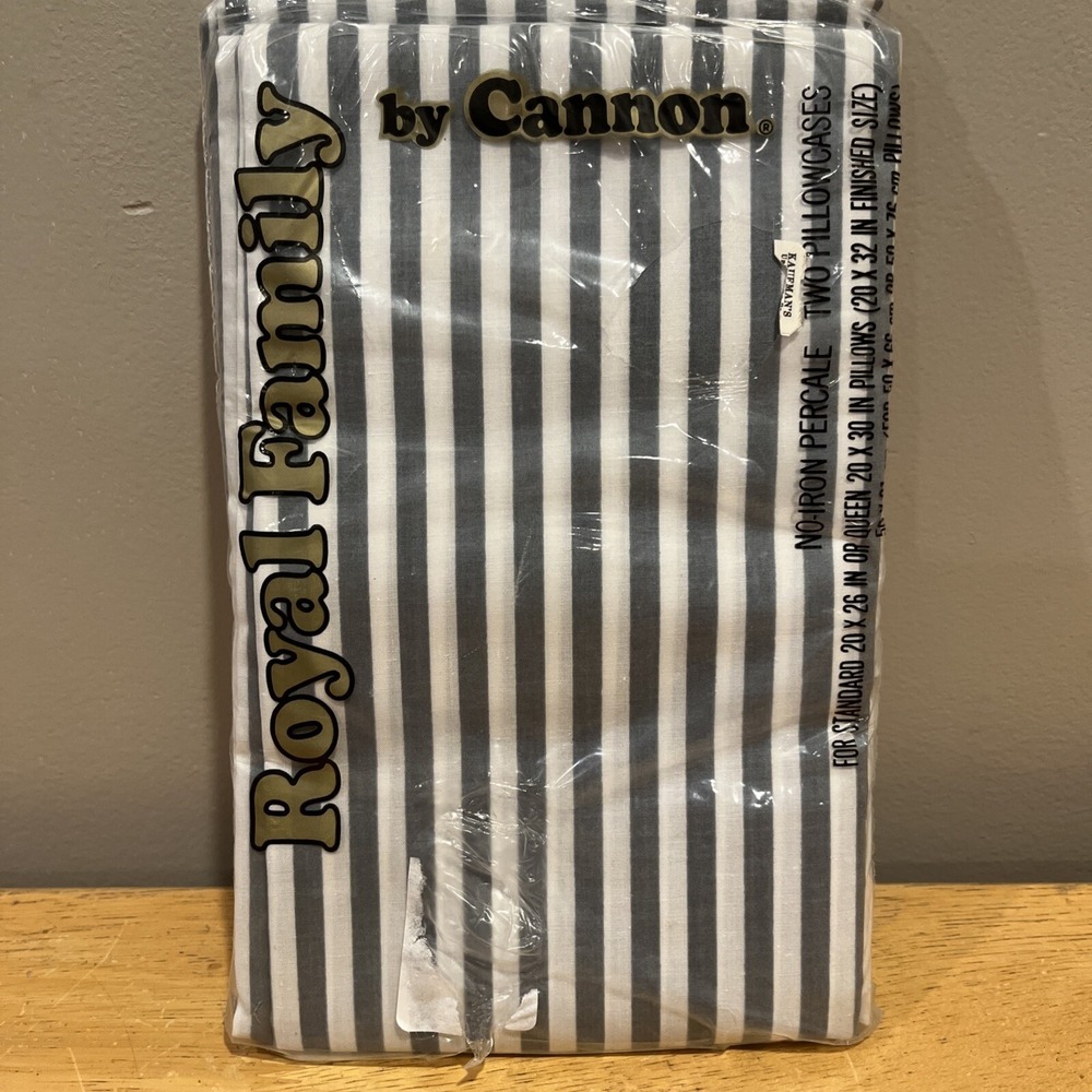 Vtg NOS Cannon Royal Family Gray Striped Standard Queen Pillowcases Set of 2‎